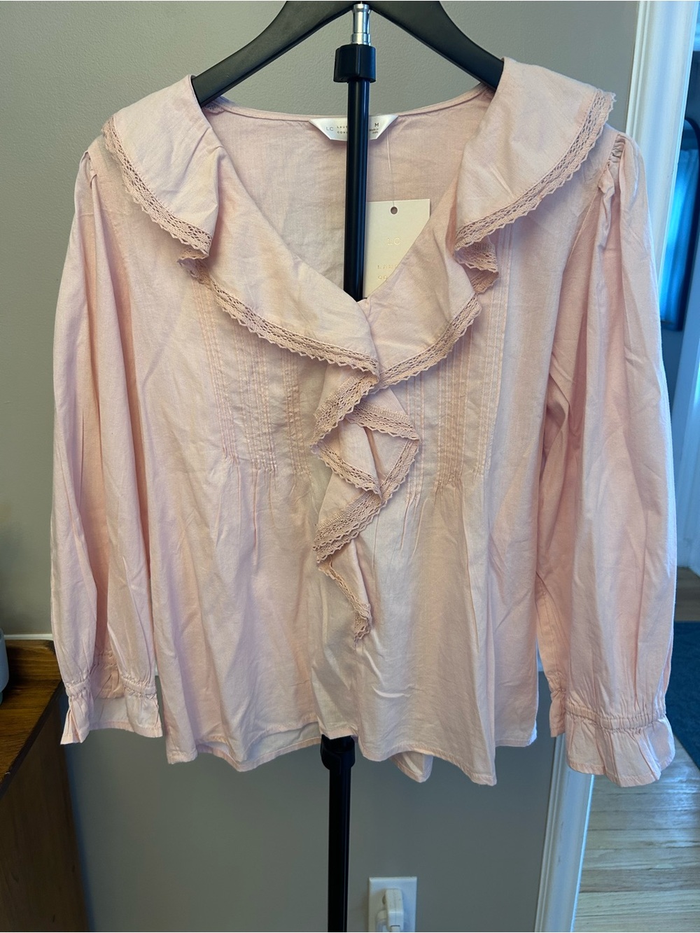 LC Lauren Conrad Light Pink Lace-Trim Ruffle Blouse